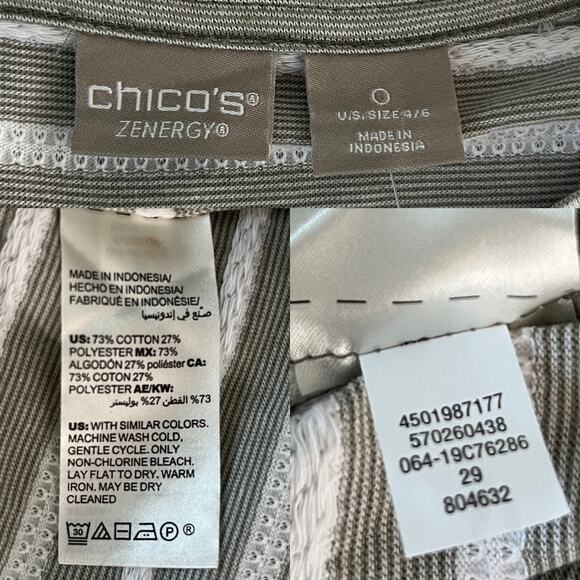 Chico's Zenergy Textured Top S 4-6 Gray White Stripe 0 Envelope Hem New - Picture 7 of 14